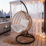 SWC2618 Natural Rattan Hanging Egg Chair with Stand & Cushion – Urban Rooftop Patio Swing Lounge Chair Set