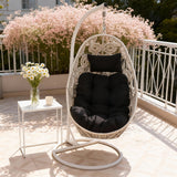 SWC2619 White Rattan Hanging Egg Chair with Stand & Black Cushion – Korean Style Balcony Swing Lounge Chair