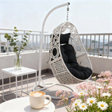 SWC2619 White Rattan Hanging Egg Chair with Stand & Black Cushion – Korean Style Balcony Swing Lounge Chair