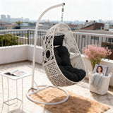 SWC2619 White Rattan Hanging Egg Chair with Stand & Black Cushion – Korean Style Balcony Swing Lounge Chair