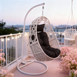 SWC2619 White Rattan Hanging Egg Chair with Stand & Black Cushion – Korean Style Balcony Swing Lounge Chair
