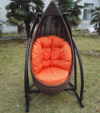 SWC262202 Brown Wicker Teardrop Hanging Egg Chair with Stand & Orange Cushion – Patio Swing Lounge Chair Set