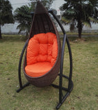 SWC262202 Brown Wicker Teardrop Hanging Egg Chair with Stand & Orange Cushion – Patio Swing Lounge Chair Set