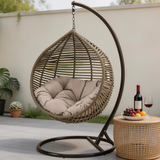 SWC2651 Single Seat Grey Wicker Teardrop Hanging Egg Chair with Stand & Navy Cushion – Porch Patio Swing Lounge Chair