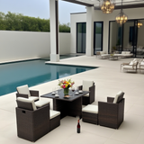 TBDS250102 Dark Brown Wicker Modern Luxury Outdoor Dining Set with Cream Cushions & Black Glass Dining Table – Stylish Patio Furniture