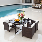 TBDS250101 Dark Brown Wicker Modern Luxury Outdoor Dining Set with Cream Cushions & Black Glass Dining Table – Stylish Patio Furniture
