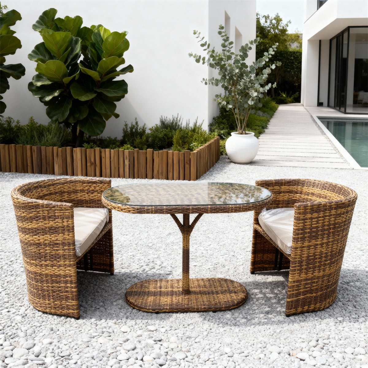 TBDS252501 Brown-Yellow Woven Rattan Modern Tropical Luxury Outdoor Bistro Set with Beige Cushions & Rattan-Look Glass Oval Table – Stylish Patio Furniture