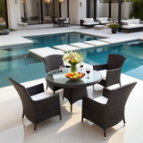 TBDS250301 Dark Brown Wicker Modern Luxury Outdoor Dining Set with Cream Cushions & Clear Glass Round Dining Table – Stylish Patio Furniture