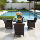 TBDS250301 Dark Brown Wicker Modern Luxury Outdoor Dining Set with Cream Cushions & Clear Glass Round Dining Table – Stylish Patio Furniture