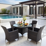 TBDS250301 Dark Brown Wicker Modern Luxury Outdoor Dining Set with Cream Cushions & Clear Glass Round Dining Table – Stylish Patio Furniture