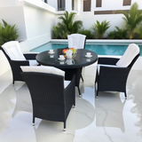 TBDS250302 Dark Brown Wicker Modern Luxury Outdoor Dining Set with Cream Cushions & Black Glass Round Dining Table – Stylish Patio Furniture