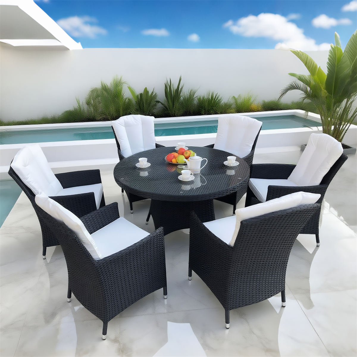 TBDS250303 Black Wicker Modern Luxury Outdoor Dining Set with White Cushions & Black Glass Round Dining Table – Stylish Patio Furniture