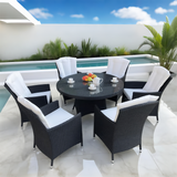 TBDS250303 Black Wicker Modern Luxury Outdoor Dining Set with White Cushions & Black Glass Round Dining Table – Stylish Patio Furniture