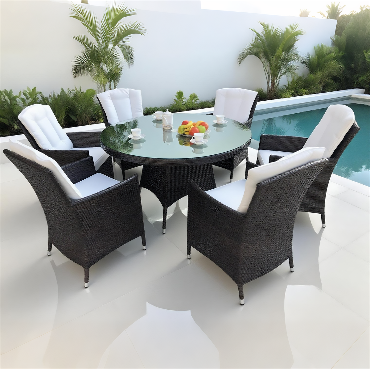 TBDS250303 Black Wicker Modern Luxury Outdoor Dining Set with White Cushions & Black Glass Round Dining Table – Stylish Patio Furniture