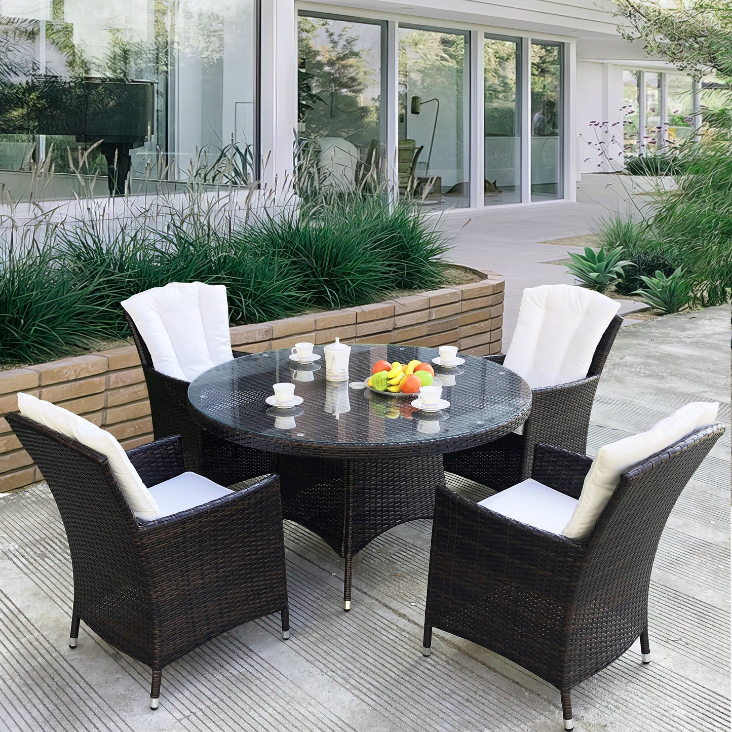 TBDS250302 Dark Brown Wicker Modern Luxury Outdoor Dining Set with Cream Cushions & Black Glass Round Dining Table – Stylish Patio Furniture