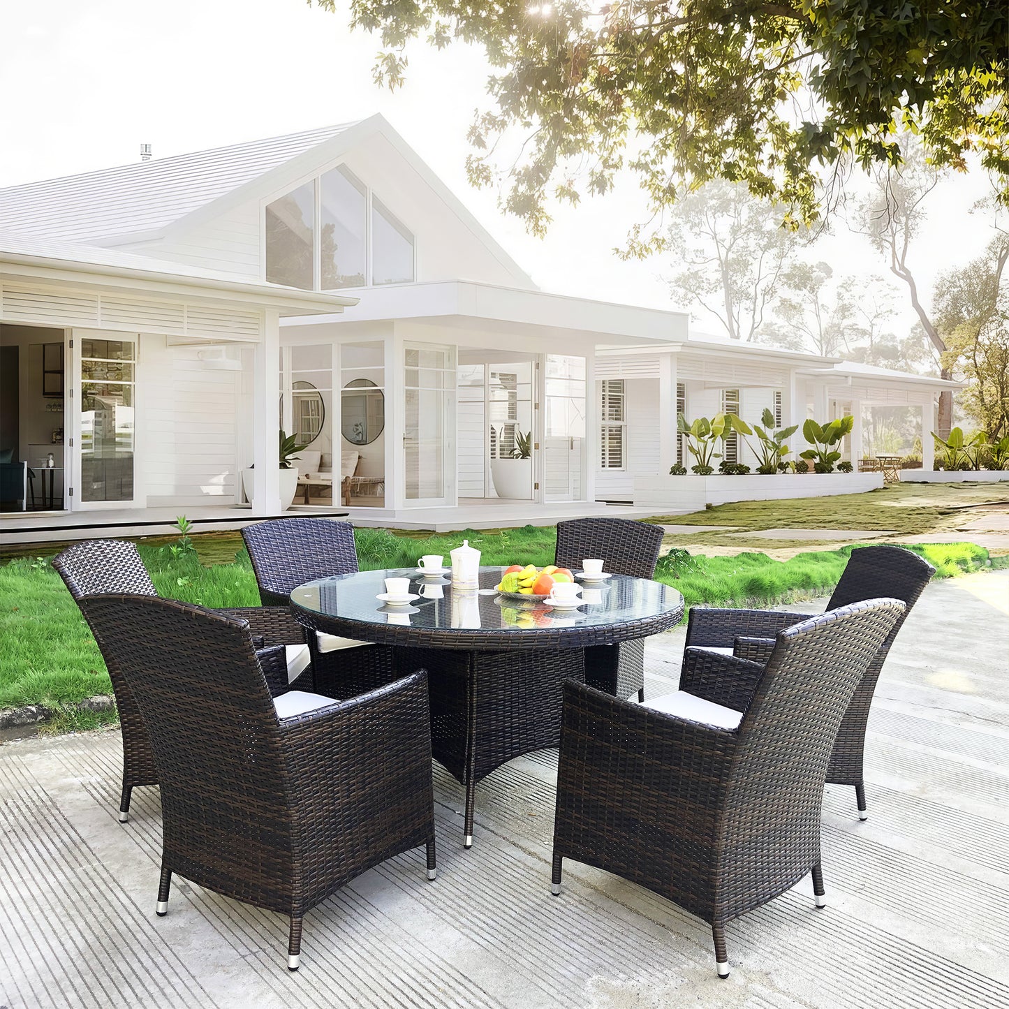 TBDS250305 Dark Brown Wicker Modern Luxury Outdoor Dining Set with White Cushions & Black Glass Round Dining Table – Stylish Patio Furniture