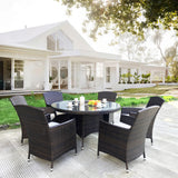 TBDS250305 Dark Brown Wicker Modern Luxury Outdoor Dining Set with White Cushions & Black Glass Round Dining Table – Stylish Patio Furniture