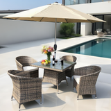 TBDS250401 Mixed Brown Wicker Modern Luxury Outdoor Dining Set with Cream Cushions & Black Glass Square Dining Table – Stylish Patio Furniture