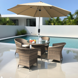 TBDS250402 Light Grey Mixed Brown Wicker Modern Luxury Outdoor Dining Set with Cream Cushions & Clear Glass Round Dining Table – Stylish Patio Furniture