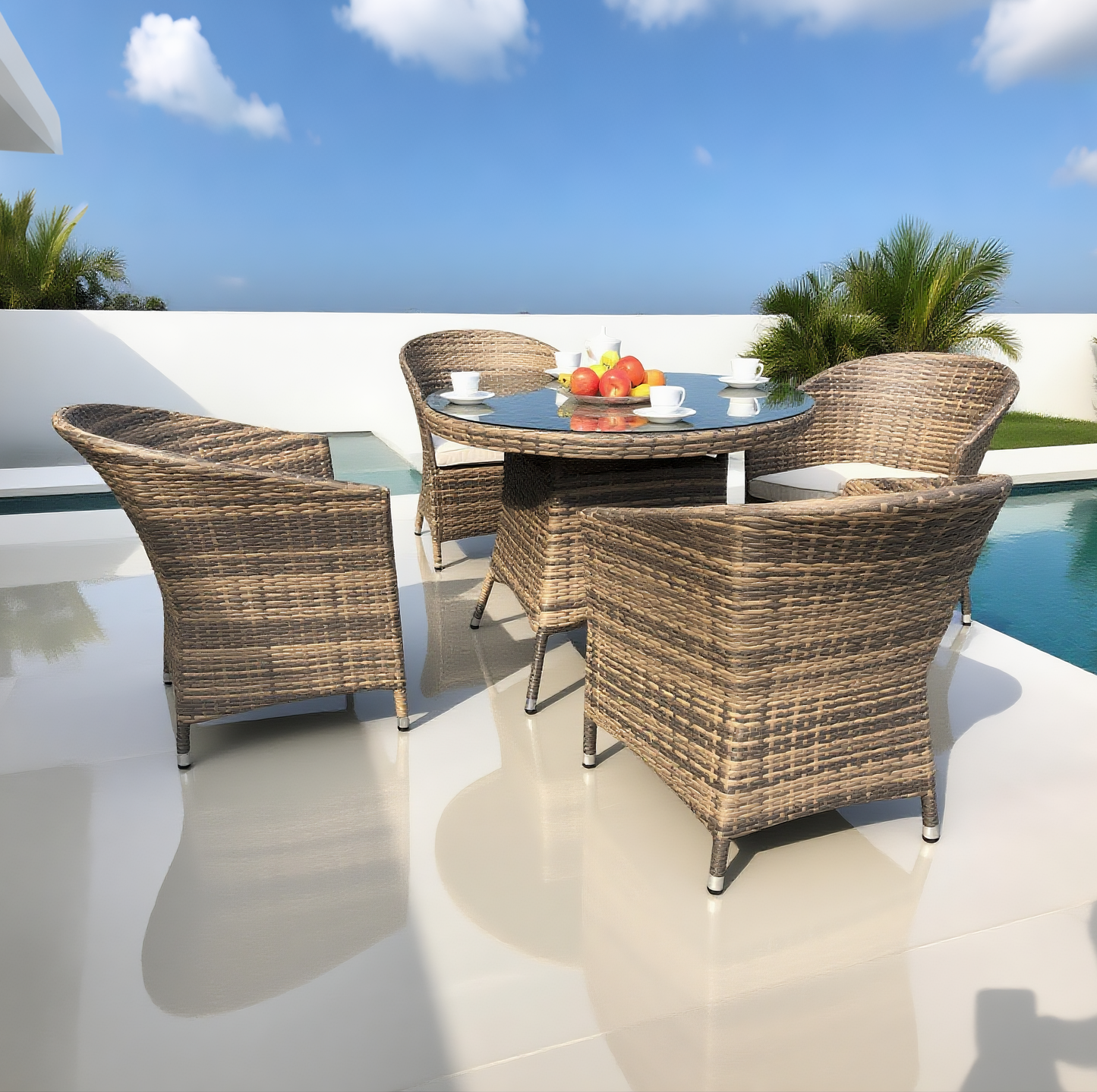 TBDS250402 Light Grey Mixed Brown Wicker Modern Luxury Outdoor Dining Set with Cream Cushions & Clear Glass Round Dining Table – Stylish Patio Furniture