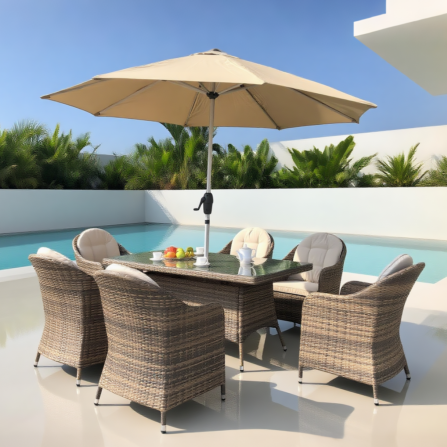 TBDS250403 Mixed Brown Wicker Coastal Luxury Outdoor Dining Set with Cream Cushions, Clear Glass Square Table & Umbrella – Stylish Patio Furniture