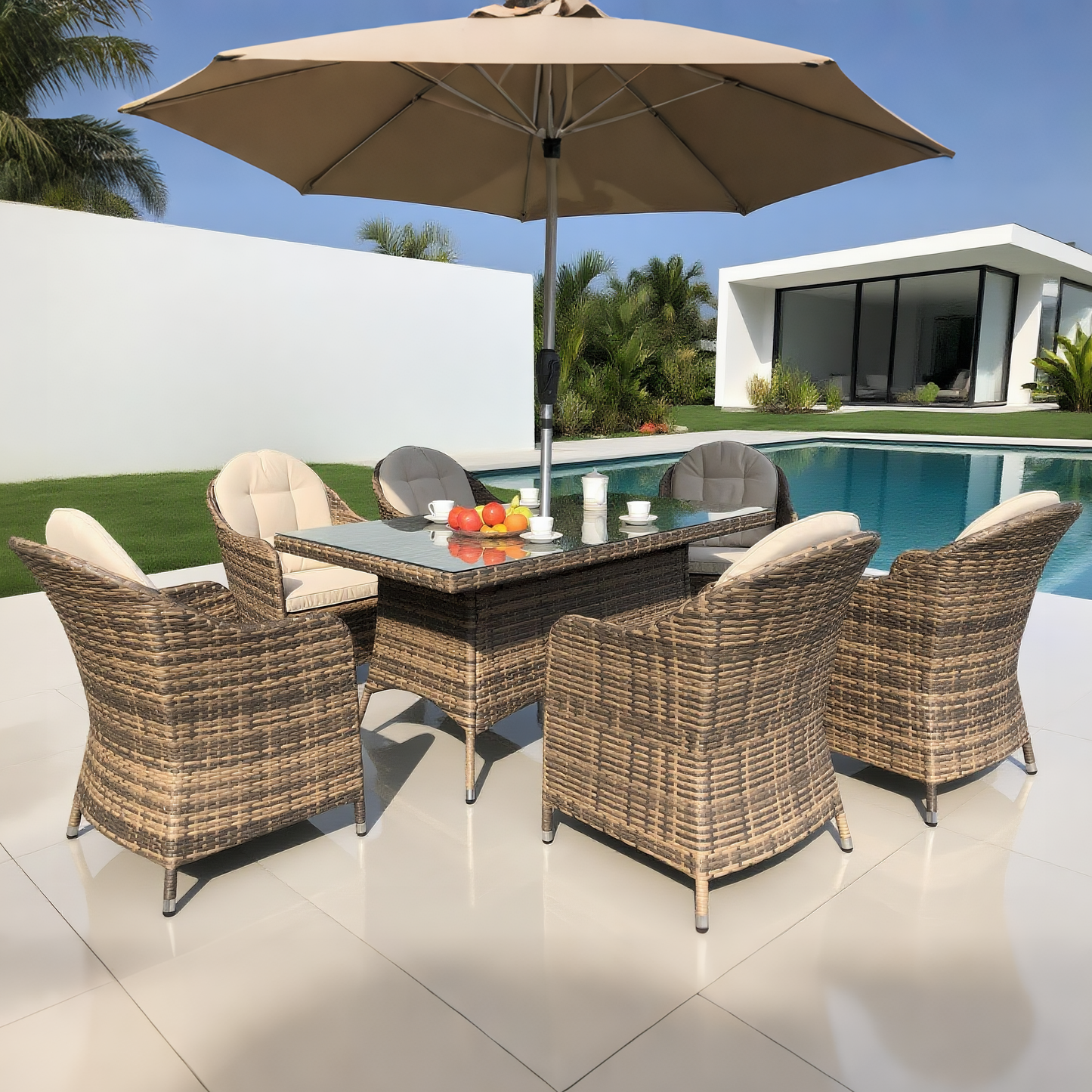 TBDS250403 Mixed Brown Wicker Coastal Luxury Outdoor Dining Set with Cream Cushions, Clear Glass Square Table & Umbrella – Stylish Patio Furniture