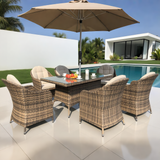 TBDS250403 Mixed Brown Wicker Coastal Luxury Outdoor Dining Set with Cream Cushions, Clear Glass Square Table & Umbrella – Stylish Patio Furniture