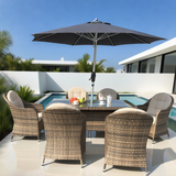 TBDS250403 Mixed Brown Wicker Coastal Luxury Outdoor Dining Set with Cream Cushions, Clear Glass Square Table & Umbrella – Stylish Patio Furniture