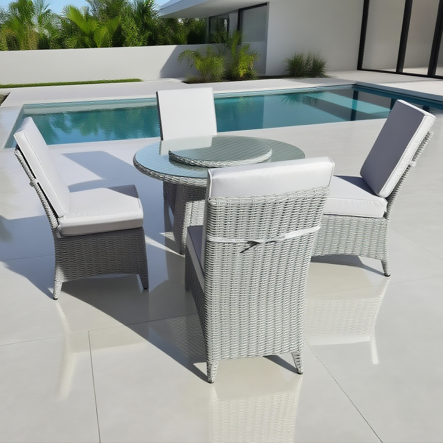TBDS250502 Light Grey Wicker Modern Luxury Outdoor Dining Set with Light Grey Cushions & Clear Glass Round Table (Lazy Susan) – Stylish Patio Furniture