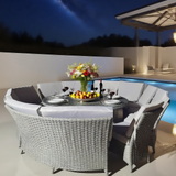 TBDS250501 Light Grey Wicker Modern Luxury Curved Outdoor Dining Set with Blue Cushions & Black Glass Round Table (Lazy Susan) – Stylish Patio Furniture