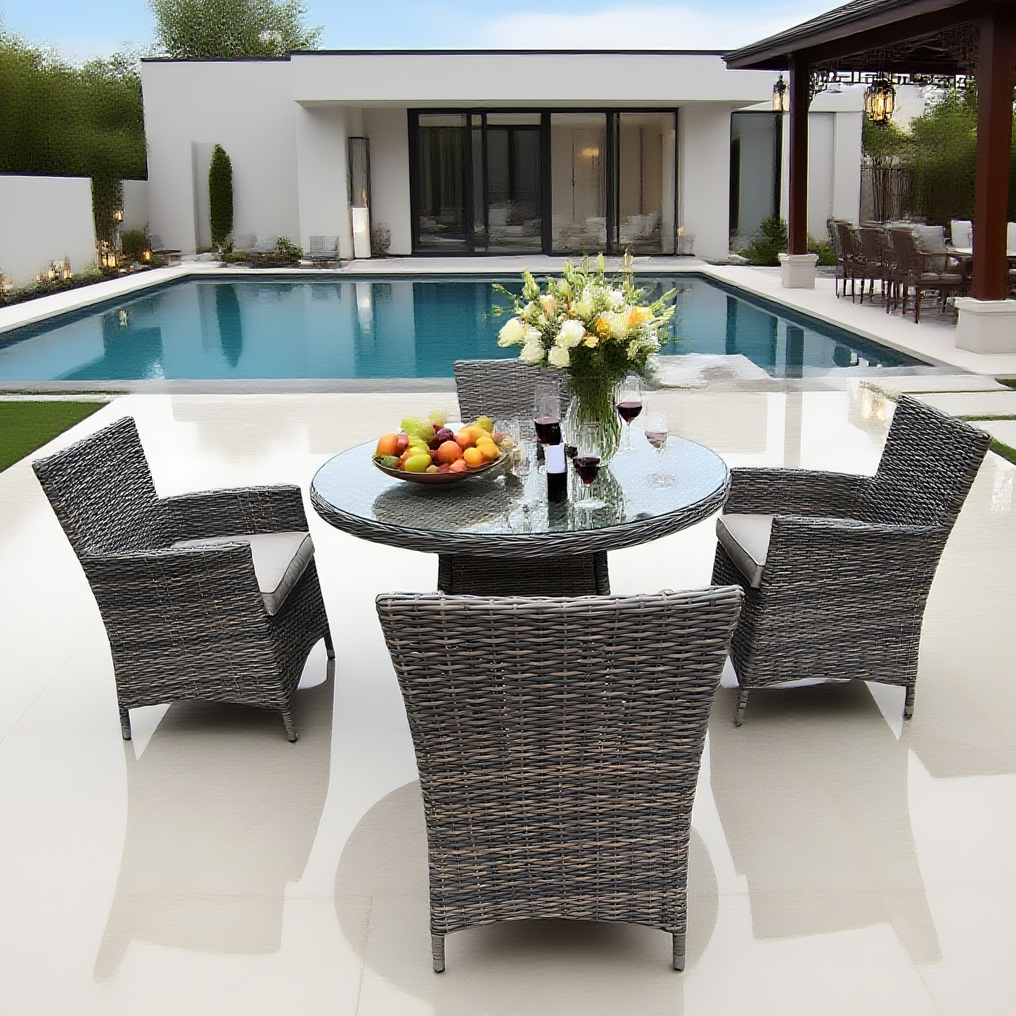 TBDS250701 Grey Wicker Modern Luxury Outdoor Dining Set with Cream Cushions & Clear Glass Round Dining Table – Stylish Patio Furniture