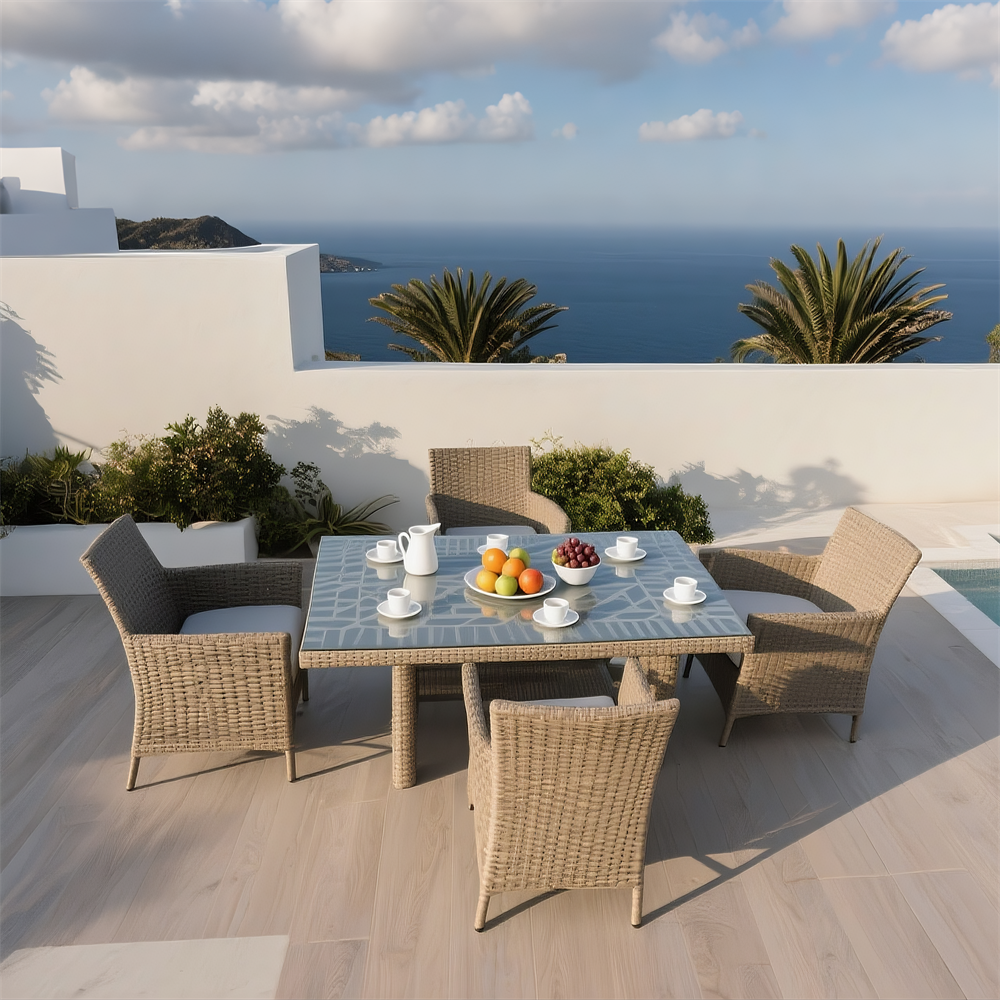 TBDS250704 Light Brown Woven Rattan Mediterranean Luxury Outdoor Dining Set with Light Blue Cushions & Black Glass Rectangular Dining Table – Stylish Patio Furniture