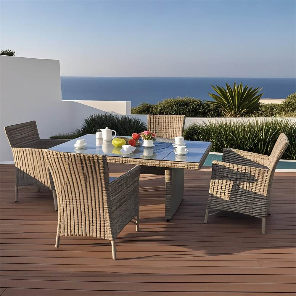 TBDS250704 Light Brown Woven Rattan Mediterranean Luxury Outdoor Dining Set with Light Blue Cushions & Black Glass Rectangular Dining Table – Stylish Patio Furniture