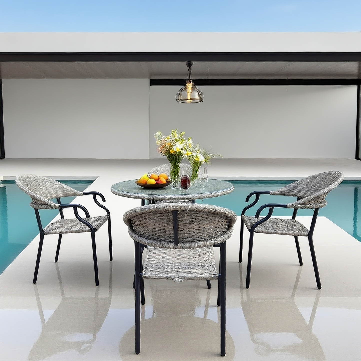 TBDS2508 Light Grey Woven Rattan & Black Metal Modern Luxury Outdoor Dining Set with Clear Glass Round Dining Table – Stylish Patio Furniture