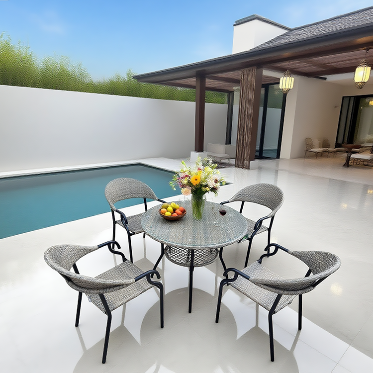 TBDS2508 Light Grey Woven Rattan & Black Metal Modern Luxury Outdoor Dining Set with Clear Glass Round Dining Table – Stylish Patio Furniture