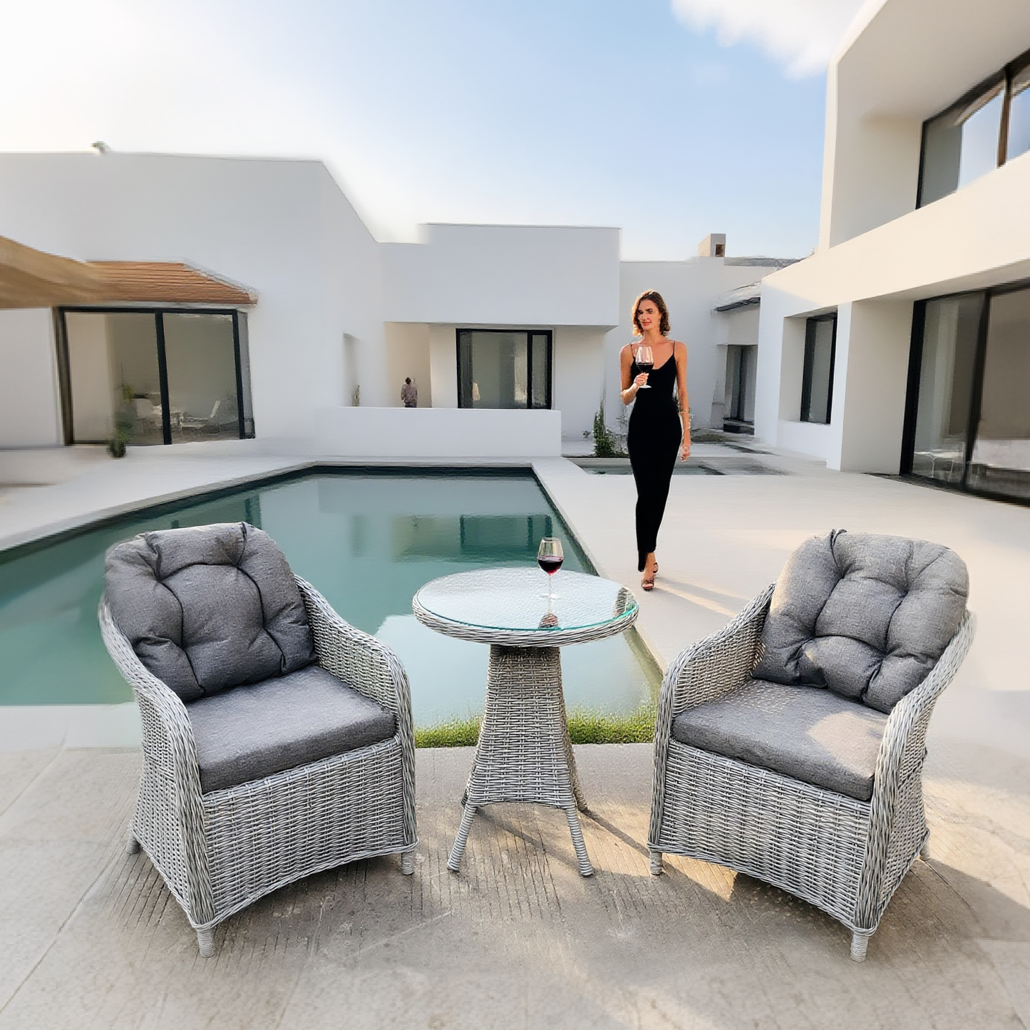 TBDS2509122 GRAY Light Grey Wicker Modern Luxury Bistro Set with Dark Grey Tufted Cushions & Clear Glass Round Table – Stylish Patio Furniture