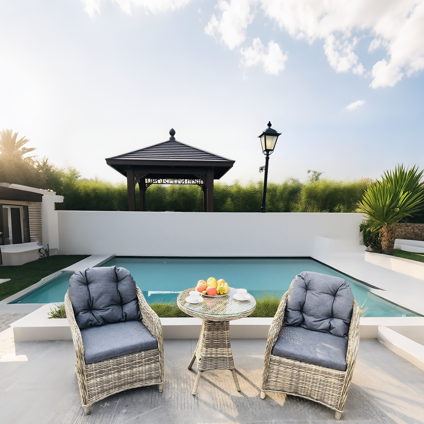 TBDS2509122 GRAY Light Grey Wicker Modern Luxury Bistro Set with Dark Grey Tufted Cushions & Clear Glass Round Table – Stylish Patio Furniture