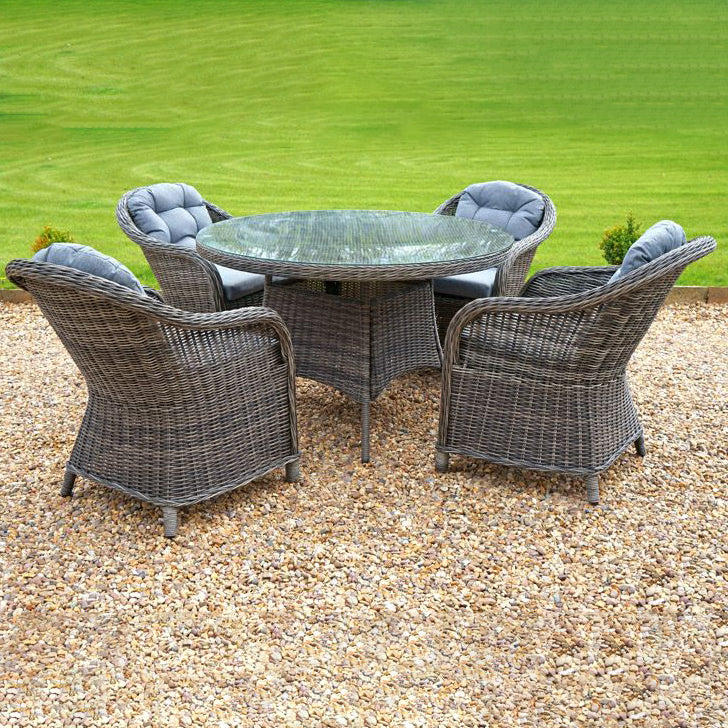 TBDS2509142 GRAY Dark Grey Wicker Modern Luxury Outdoor Dining Set with Light Blue Tufted Cushions & Clear Glass Round Dining Table – Stylish Patio Furniture