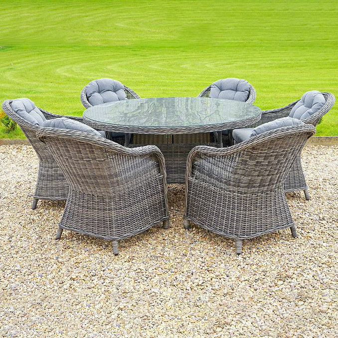 TBDS2509162 GRAY Dark Grey Wicker Modern Luxury Outdoor Dining Set with Light Blue Tufted Cushions & Clear Glass Round Dining Table – Stylish Patio Furniture
