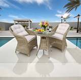 TBDS2509122 BROWN Light Beige Wicker French Luxury Bistro Set with Cream Tufted Cushions, Clear Glass Round Table & Storage Basket – Stylish Patio Furniture