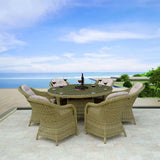 TBDS2509162 BROWN Light Beige Wicker Mediterranean Luxury Outdoor Dining Set with Cream Cushions & Dark Stone Round Dining Table – Stylish Patio Furniture