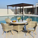 TBDS25104S Mixed Grey Wicker Modern Luxury Outdoor Dining Set with Light Grey Cushions & Clear Glass Round Dining Table – Stylish Patio Furniture