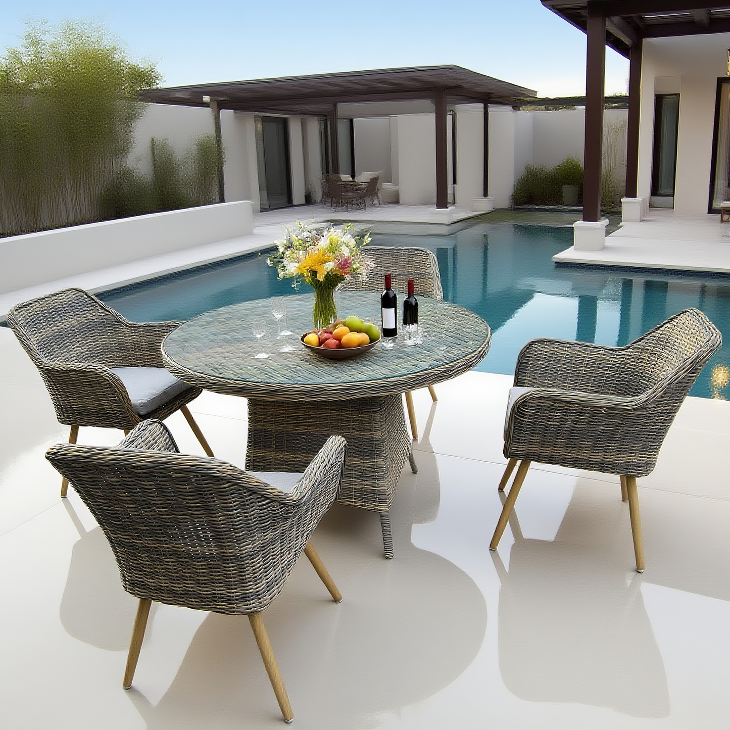 TBDS25104S Mixed Grey Wicker Modern Luxury Outdoor Dining Set with Light Grey Cushions & Clear Glass Round Dining Table – Stylish Patio Furniture