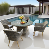 TBDS25104S Mixed Grey Wicker Modern Luxury Outdoor Dining Set with Light Grey Cushions & Clear Glass Round Dining Table – Stylish Patio Furniture