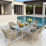 TBDS25106S Mixed Grey Wicker & Wooden Legs Modern Luxury Outdoor Dining Set with Light Grey Cushions & Clear Glass Rectangular Dining Table – Stylish Patio Furniture