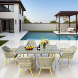 TBDS25106S Mixed Grey Wicker & Wooden Legs Modern Luxury Outdoor Dining Set with Light Grey Cushions & Clear Glass Rectangular Dining Table – Stylish Patio Furniture