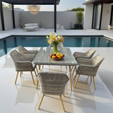 TBDS25106S Mixed Grey Wicker & Wooden Legs Modern Luxury Outdoor Dining Set with Light Grey Cushions & Clear Glass Rectangular Dining Table – Stylish Patio Furniture