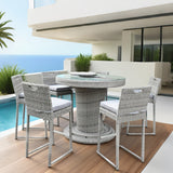 TBDS2512 Light Grey Wicker Coastal Luxury Outdoor Bar Set with Light Grey Cushions & Clear Glass Fire Pit Round Table – Stylish Patio Furniture
