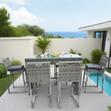 TBDS2513 Dark Grey Wicker Coastal Luxury Outdoor Bar Set with Dark Grey Cushions & Clear Glass Rectangular Dining Table – Stylish Patio Furniture