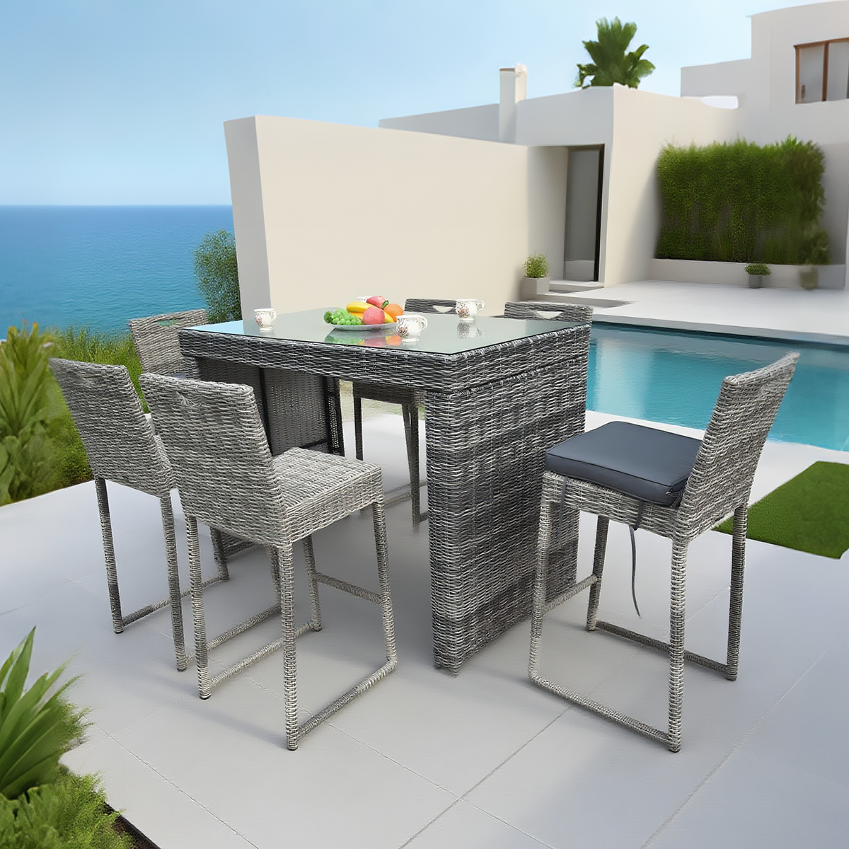 TBDS2513 Dark Grey Wicker Coastal Luxury Outdoor Bar Set with Dark Grey Cushions & Clear Glass Rectangular Dining Table – Stylish Patio Furniture